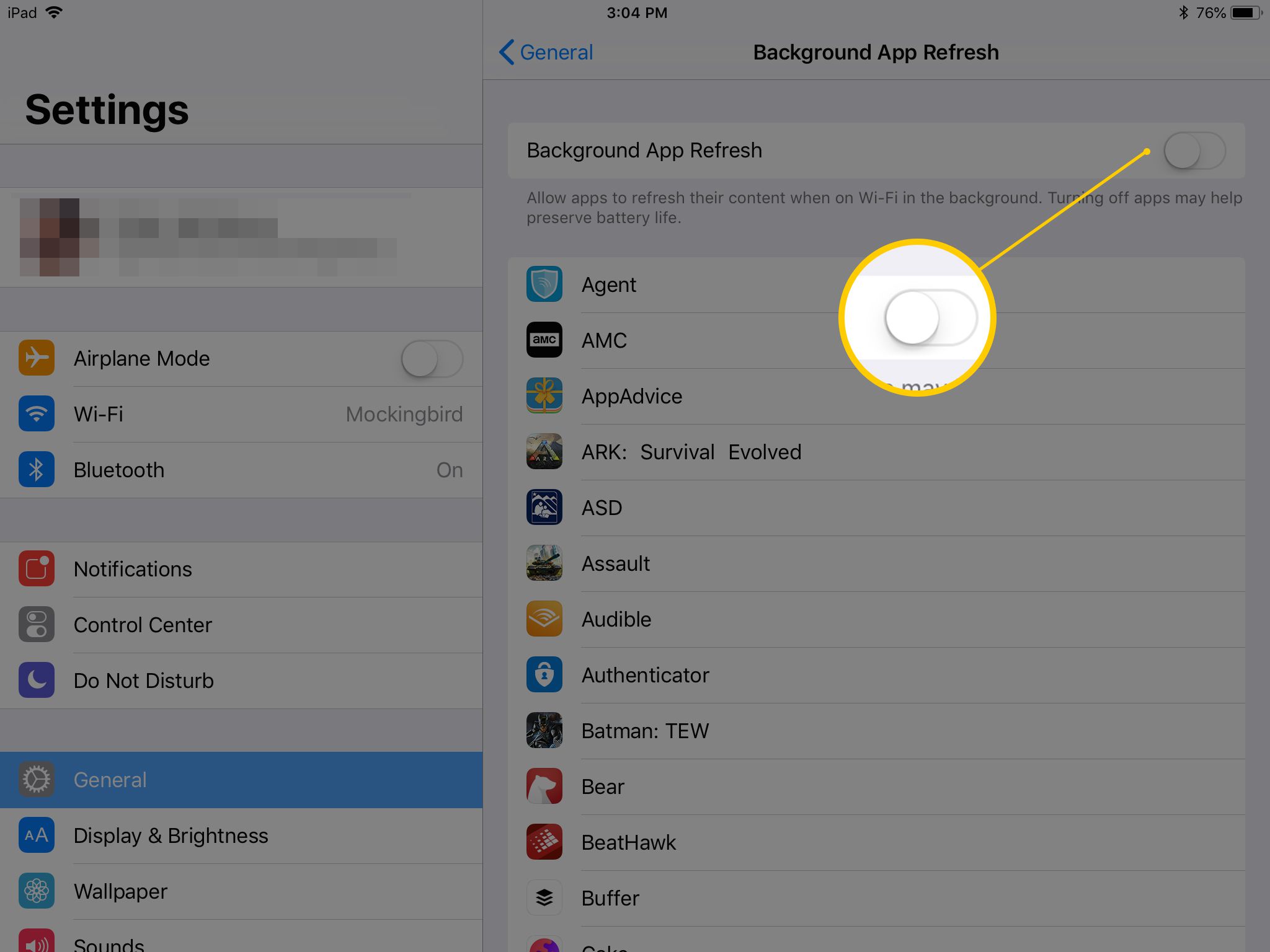 Obrazovka nastavení obnovení aplikace na pozadí na iPadu