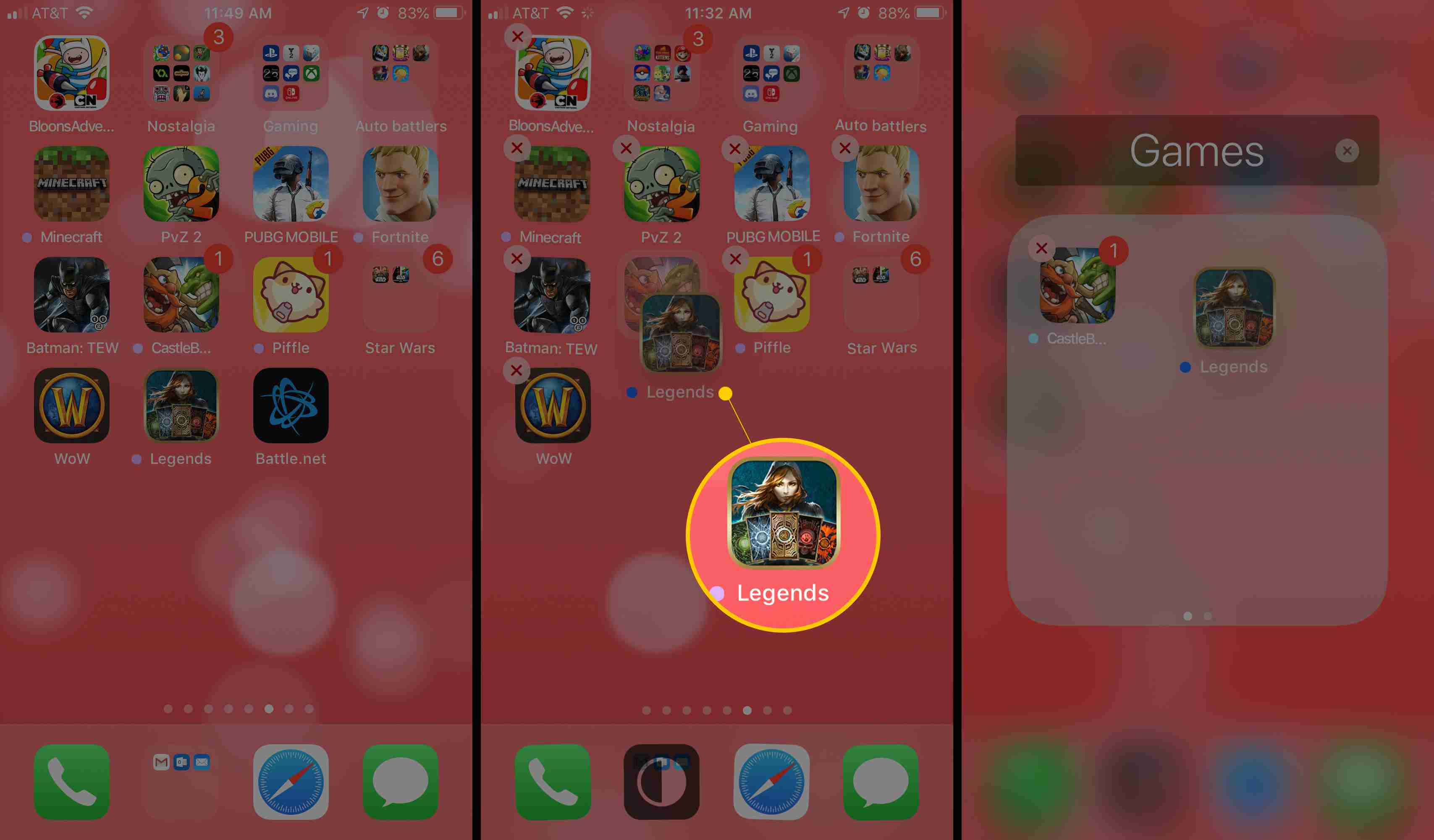 Tři obrazovky iOS zobrazující ikonu aplikace „Legendy“ pohybující se nad aplikací „CastleBurn“ k vytvoření složky „Hry“