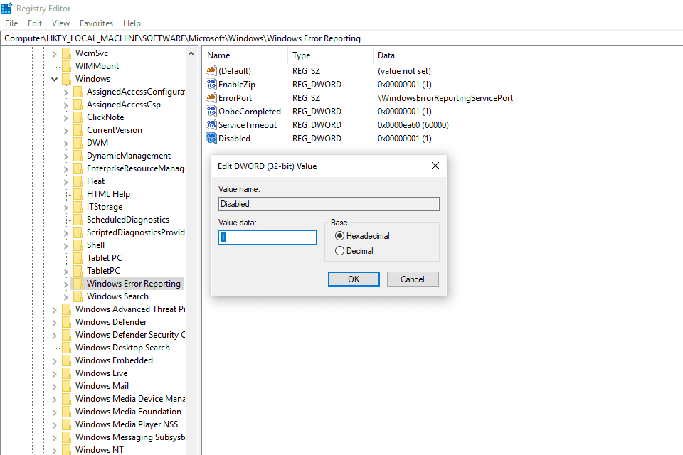 Snímek obrazovky ukazující, jak zakázat hlášení chyb systému Windows v systému Windows 10 z Editoru registru