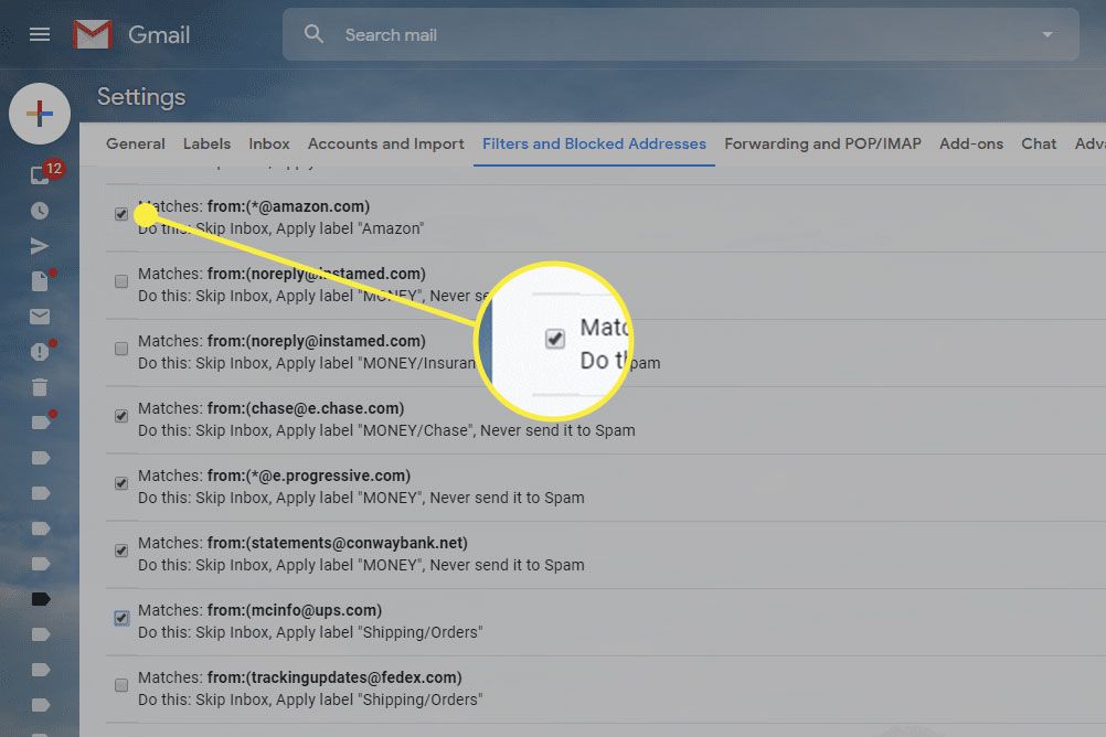 Snímek obrazovky zobrazující filtry Gmailu se zvýrazněným rámečkem výběru