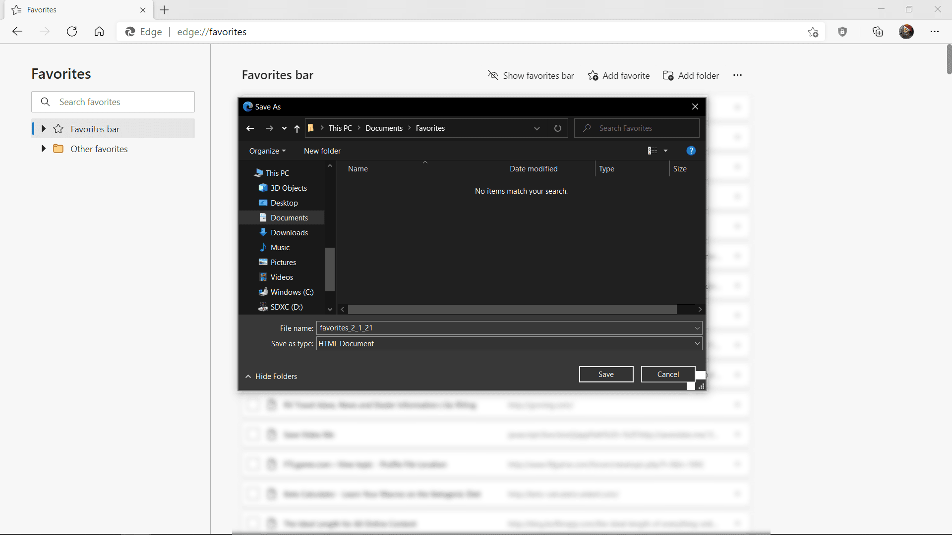 Uložení exportovaného seznamu oblíbených do Microsoft Edge.
