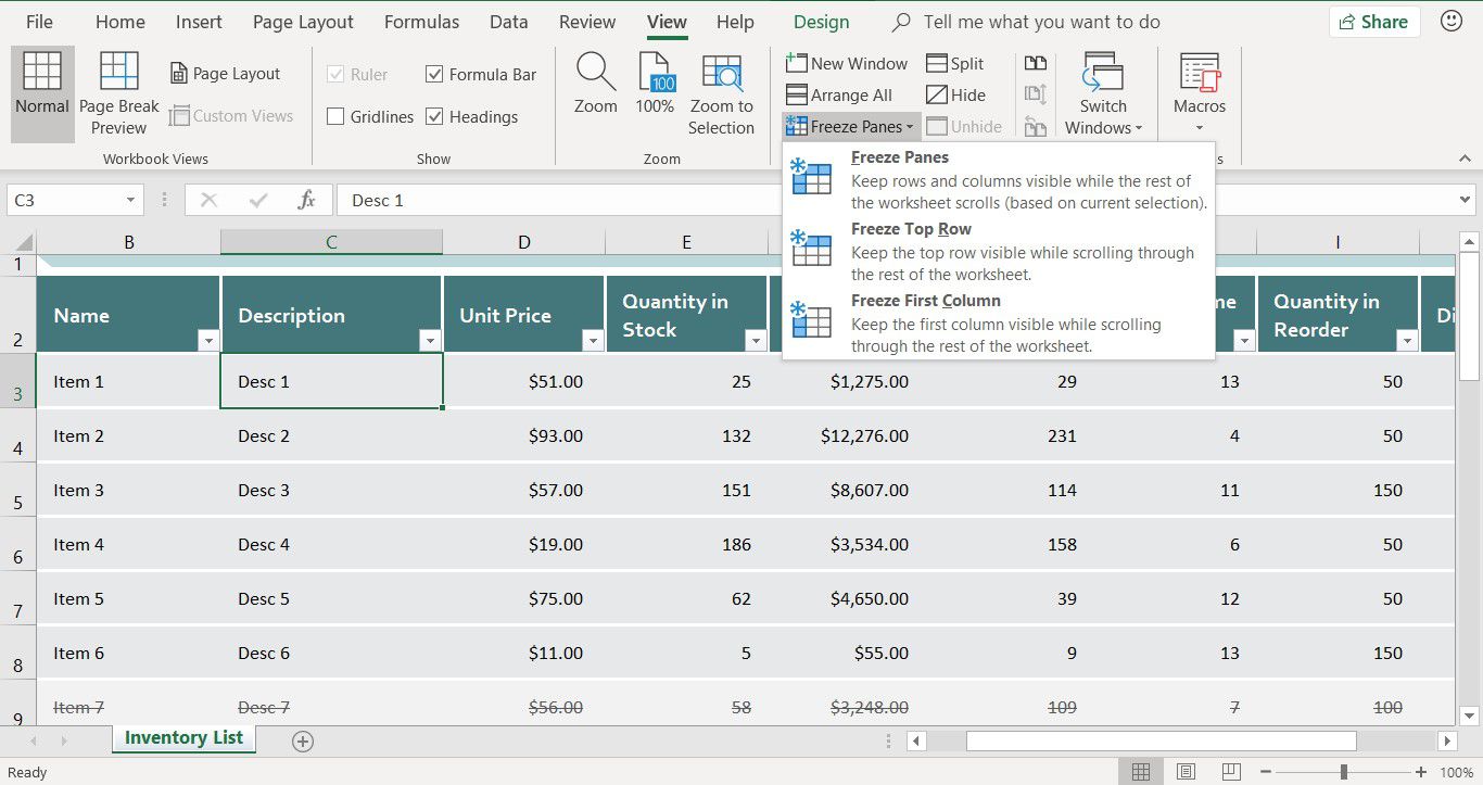 Snímek obrazovky ukazující, jak zmrazit podokna listu v aplikaci Excel