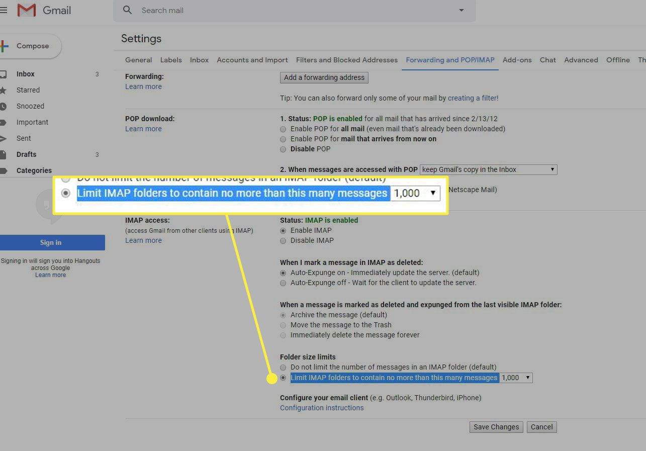 Snímek obrazovky nastavení Gmailu se zvýrazněným příkazem Omezit složky IMAP