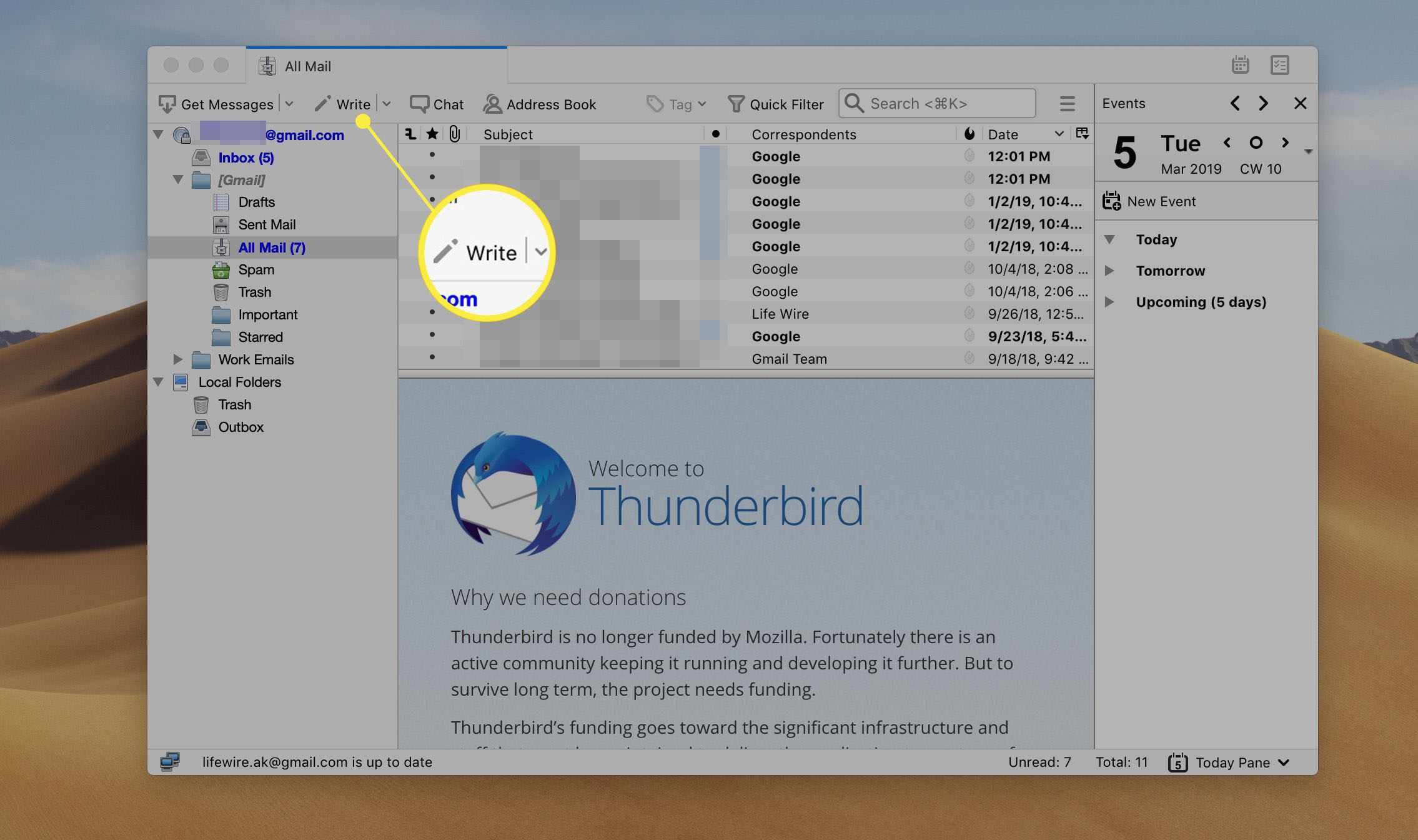 Tlačítko Vytvořit v Thunderbirdu vytvoříte nový e -mail