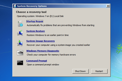 Snímek obrazovky s možnostmi obnovení systému v systému Windows 7