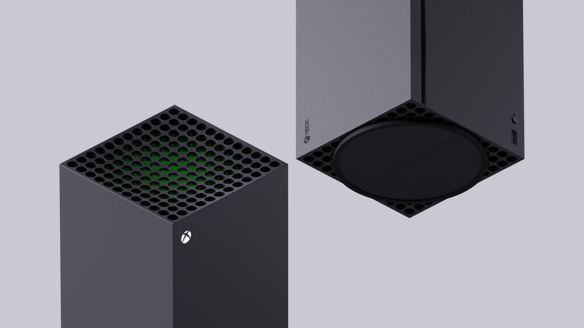 Pohled na horní a dolní část konzoly Xbox Series X, když stojíte svisle