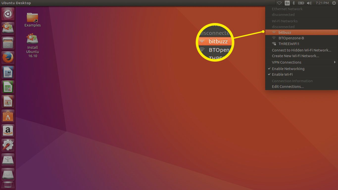 Vyberte ikonu sítě v pravém horním rohu plochy, vyberte bezdrátovou síť a poté vyberte Nainstalovat Ubuntu.
