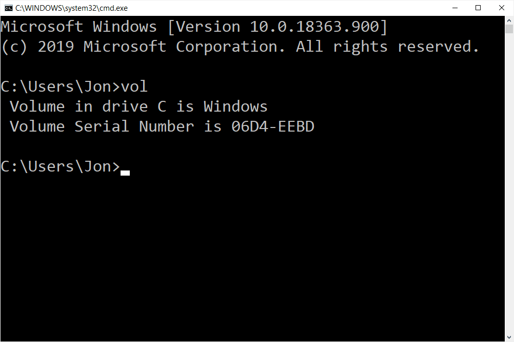 Příkaz VOL ve Windows 10