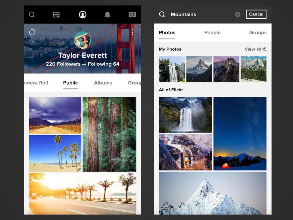 Dva screenshoty aplikace Flickr pro Android.