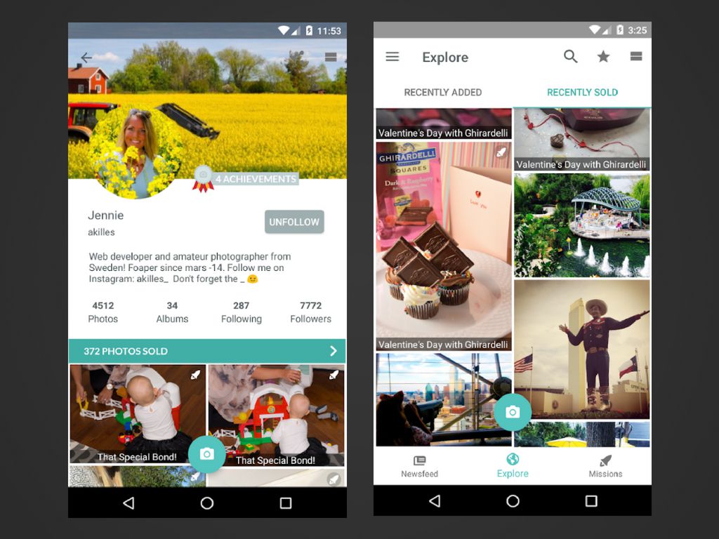 Dva screenshoty aplikace Foap pro Android.