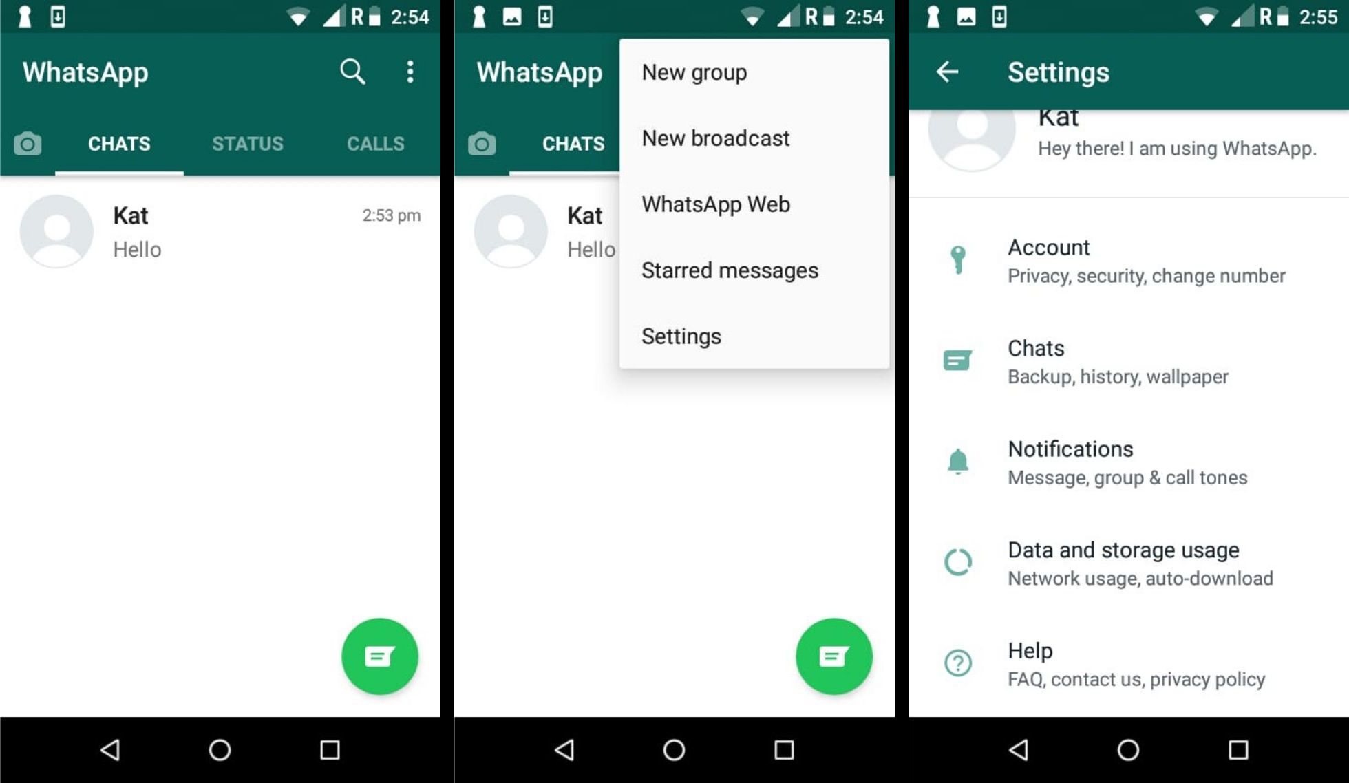 Jak přistupovat k nastavení účtu WhatsApp v systému Android.