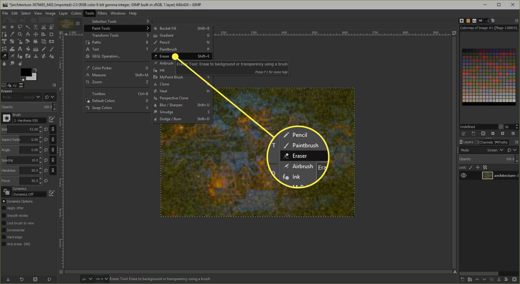Snímek obrazovky GIMP se zvýrazněným nástrojem Guma