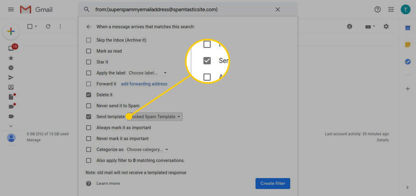 Nastavení filtru Gmailu se zvýrazněnou „Odeslat šablonu“