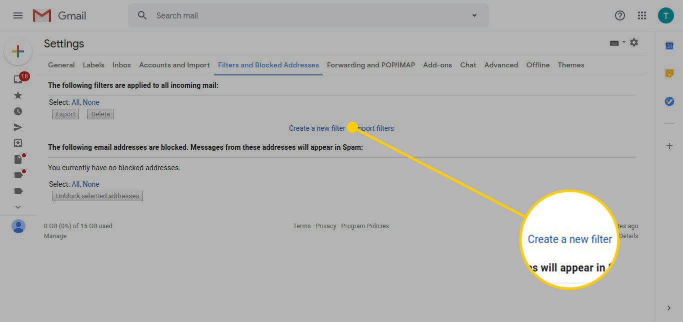 Nastavení filtrů a blokovaných adres v Gmailu se zvýrazněným tlačítkem Vytvořit nový filtr