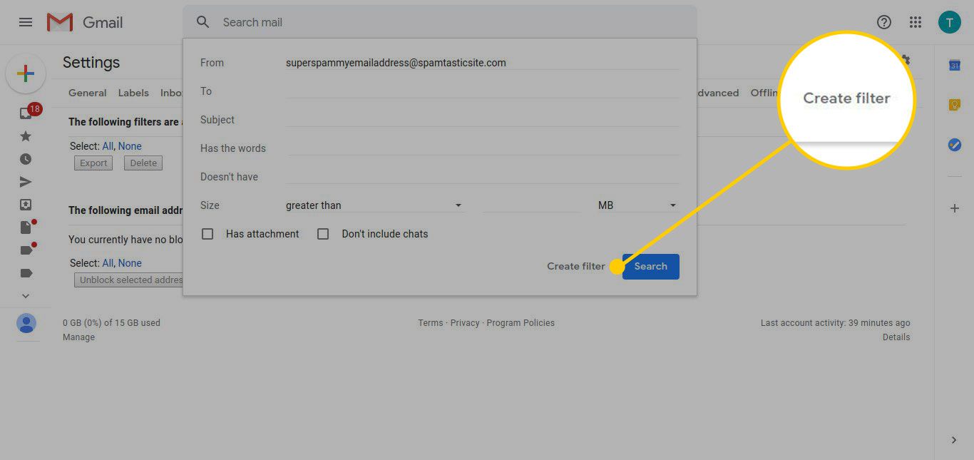 Vytvoření filtru v Gmailu se zvýrazněným tlačítkem „Vytvořit filtr“