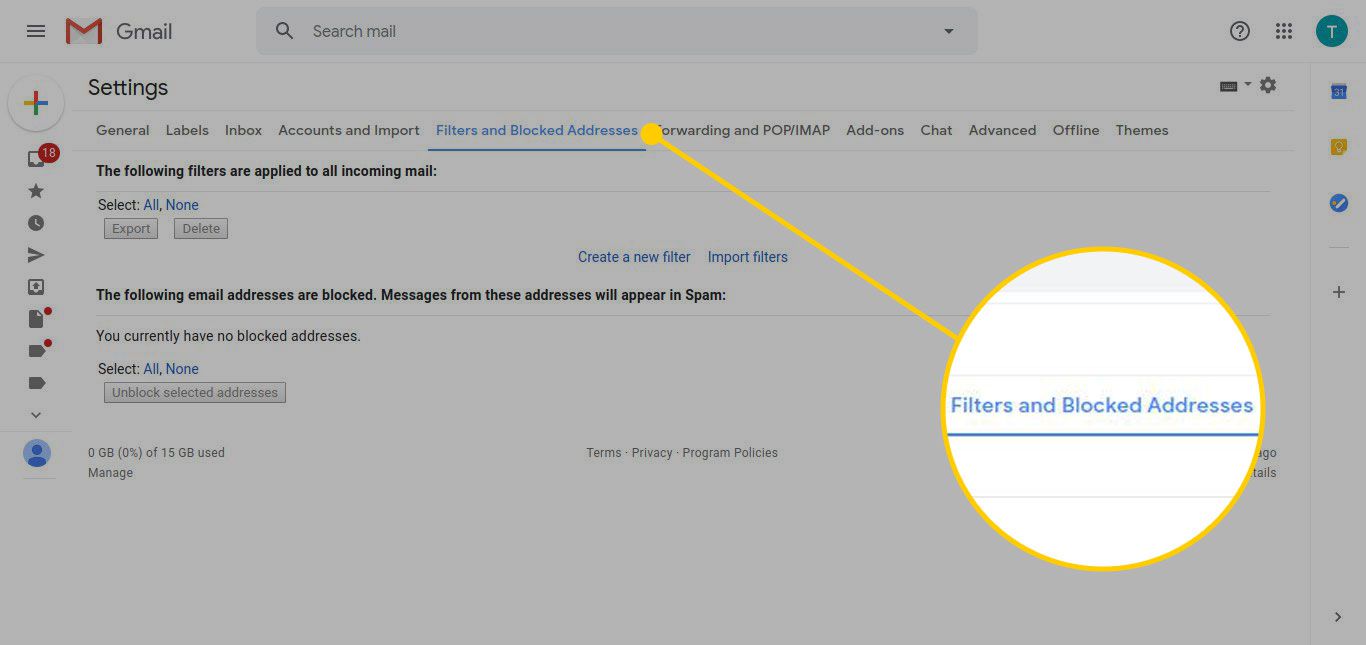 Nastavení Gmailu se zvýrazněným nadpisem „Filtry a blokované adresy“