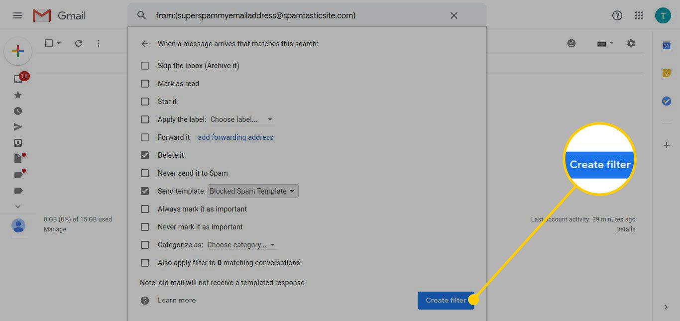 Okno pro vytvoření filtru v Gmailu se zvýrazněným tlačítkem Vytvořit filtr