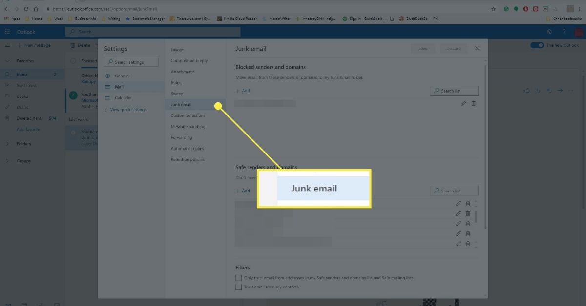 Zobrazení možností nevyžádané pošty na webu Outlook.com