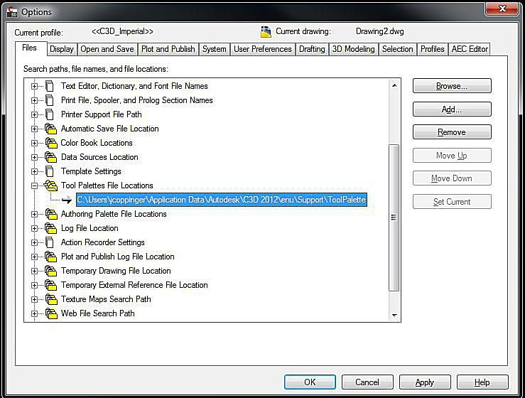 Snímek obrazovky sdílení palety nástrojů AutoCAD