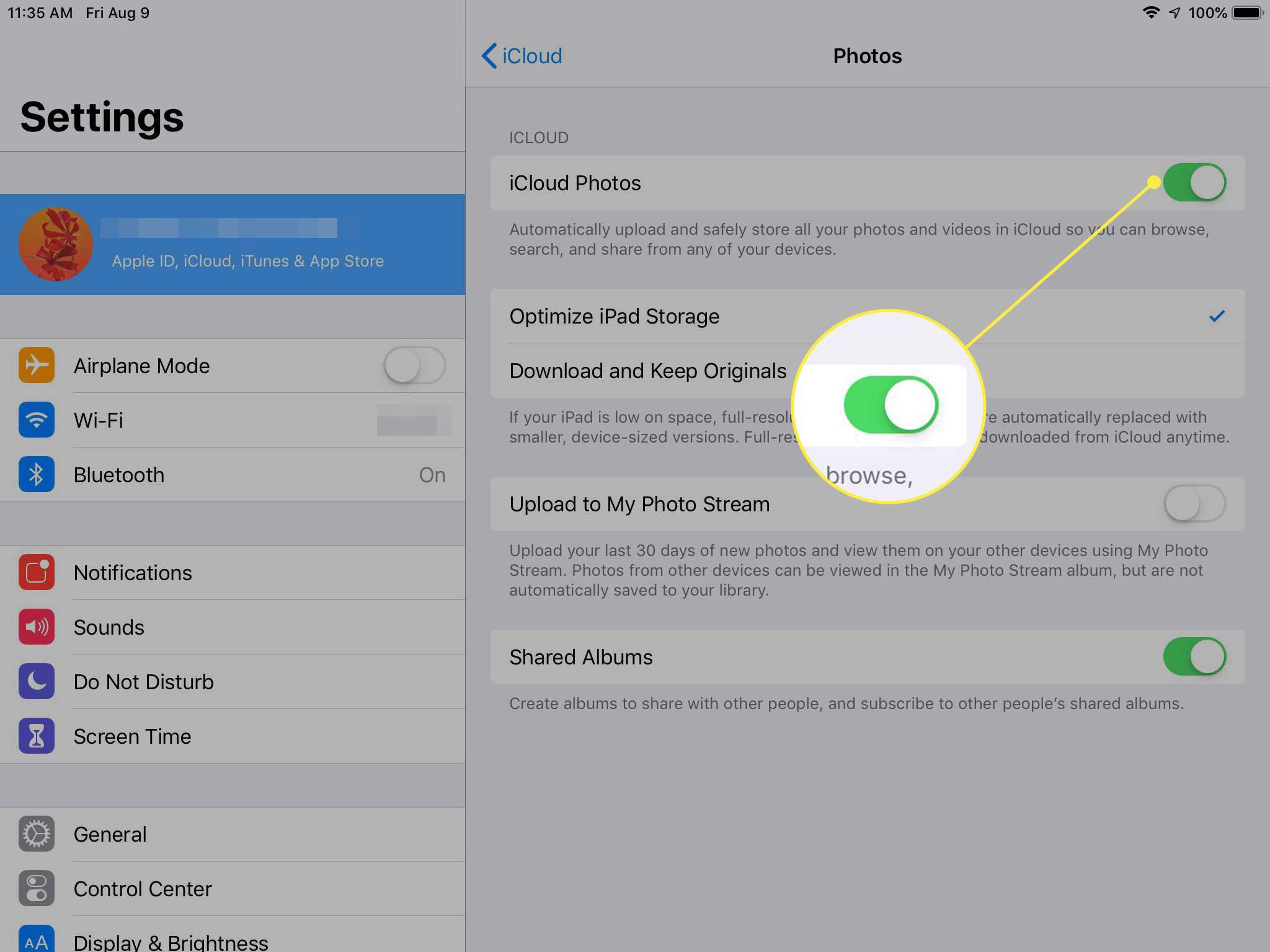 Snímek obrazovky nastavení synchronizace iPad Photos se zvýrazněným přepínačem iCloud Photos