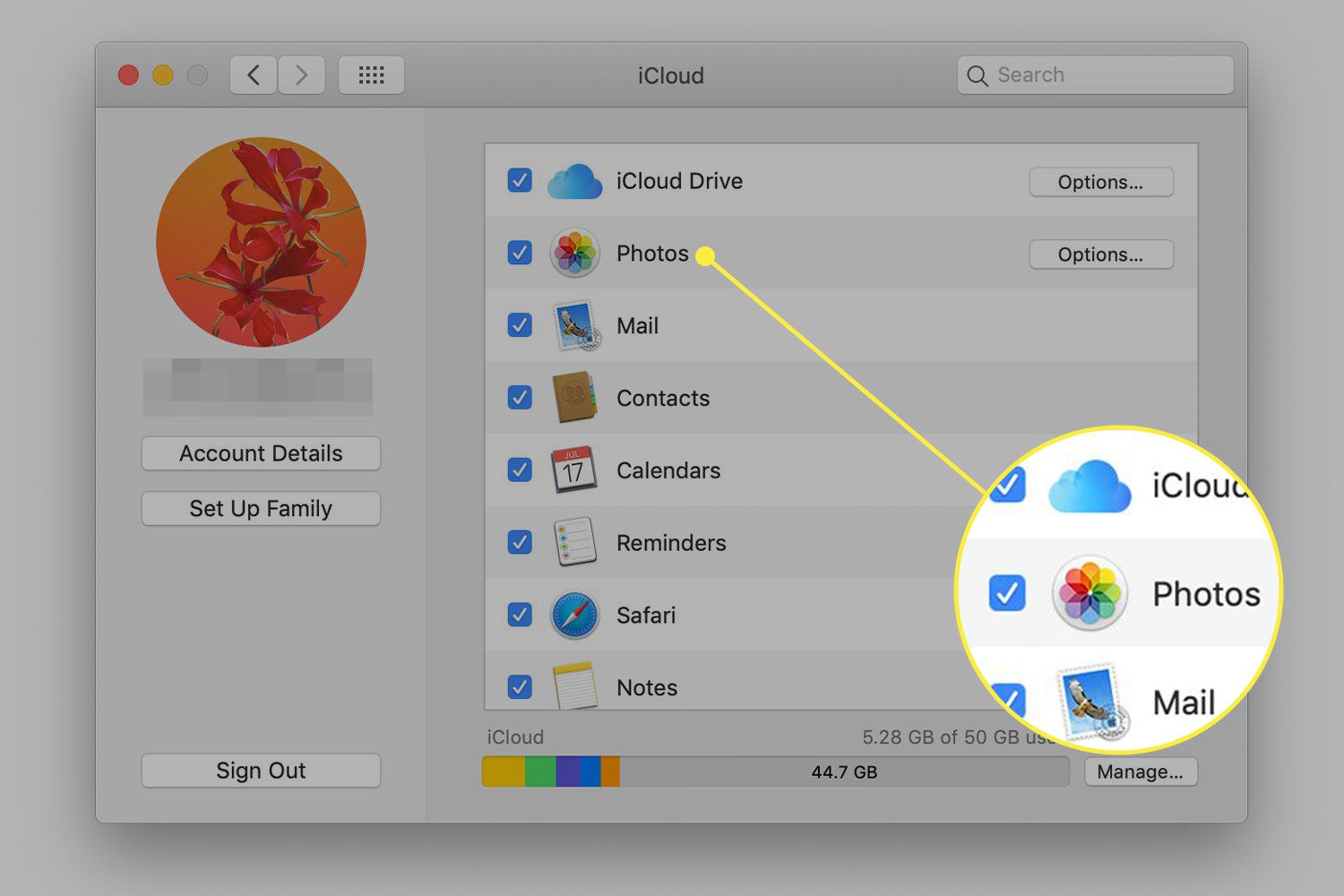 Snímek obrazovky nastavení iCloudu v macOS se zvýrazněnou možností Fotky