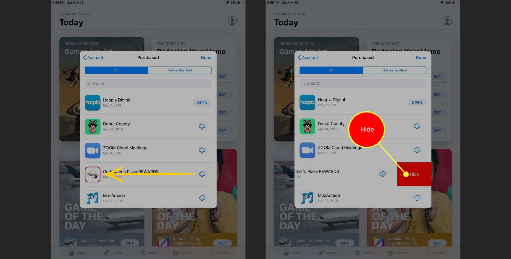 Snímek obrazovky App Store na iPadu se zvýrazněným tlačítkem skrýt