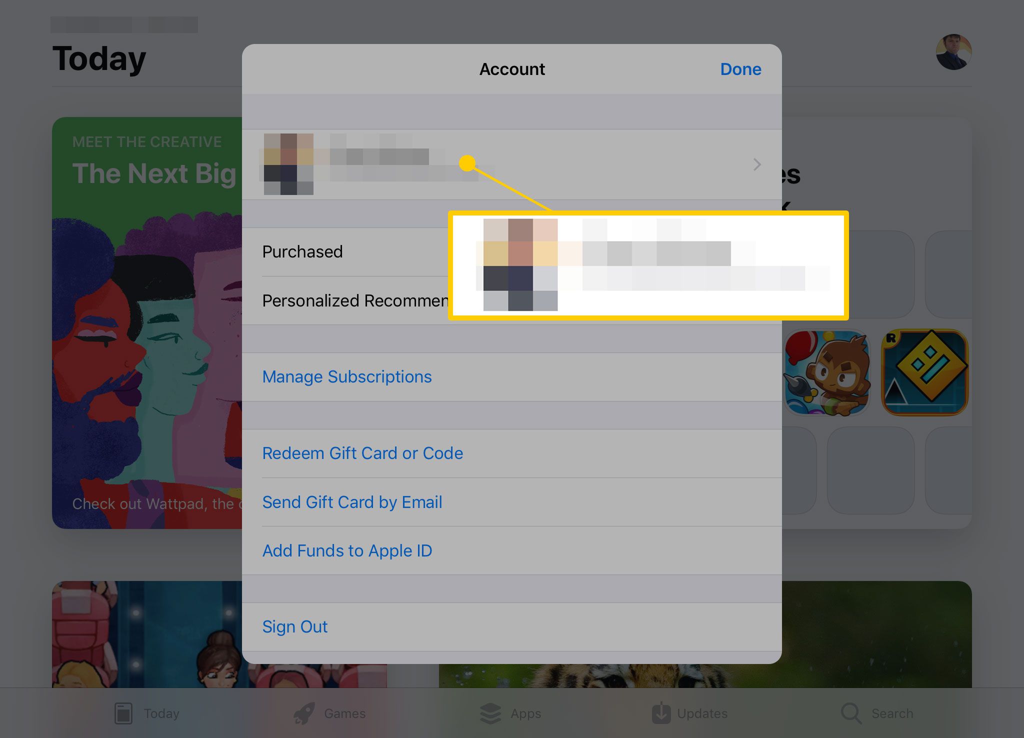 Nabídka účtu v App Store na iPadu