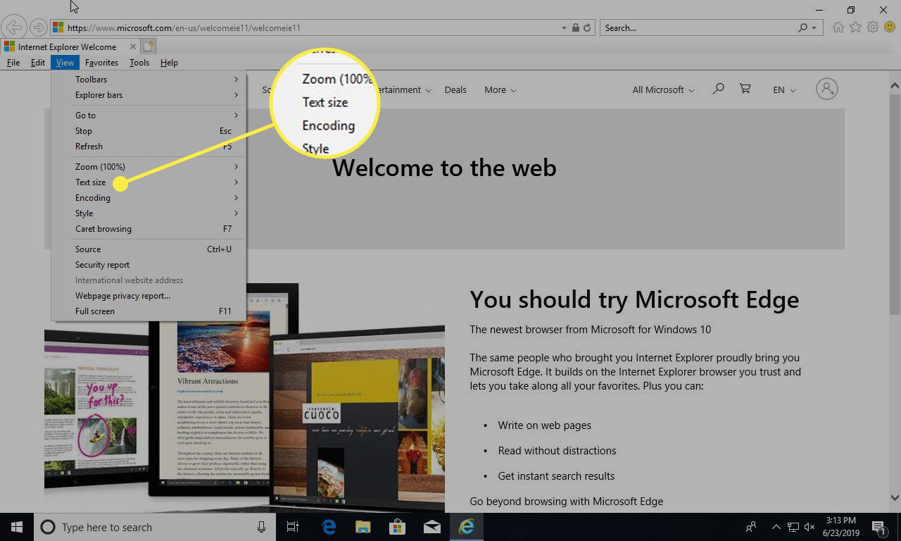 Snímek obrazovky aplikace Internet Explorer se zvýrazněnou možností Velikost textu v nabídce Zobrazit