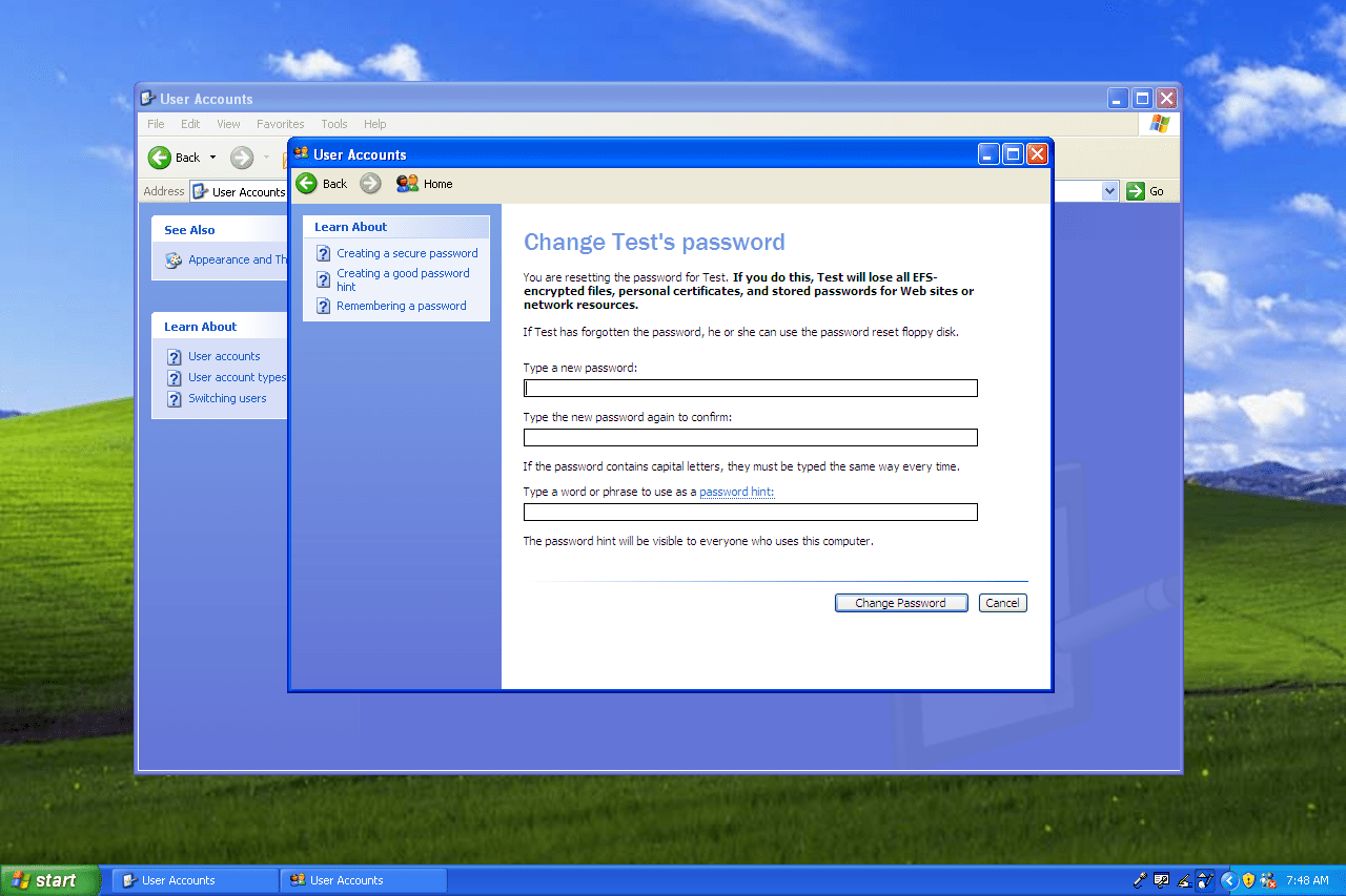 Obrazovka změnit heslo uživatele v systému Windows XP