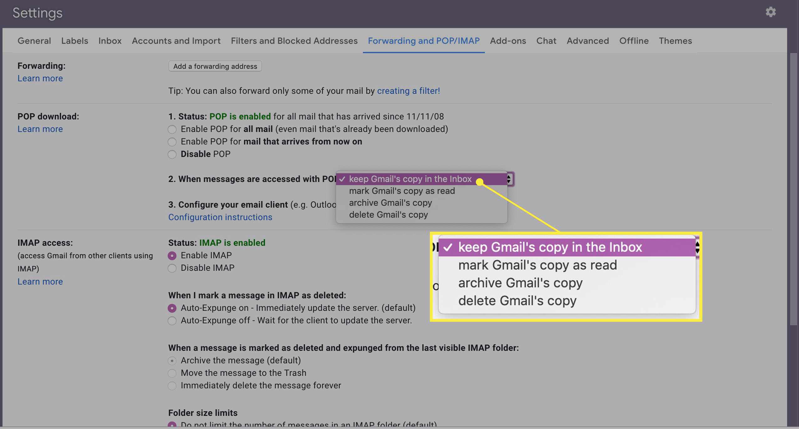Nastavení kopírování Gmailu.