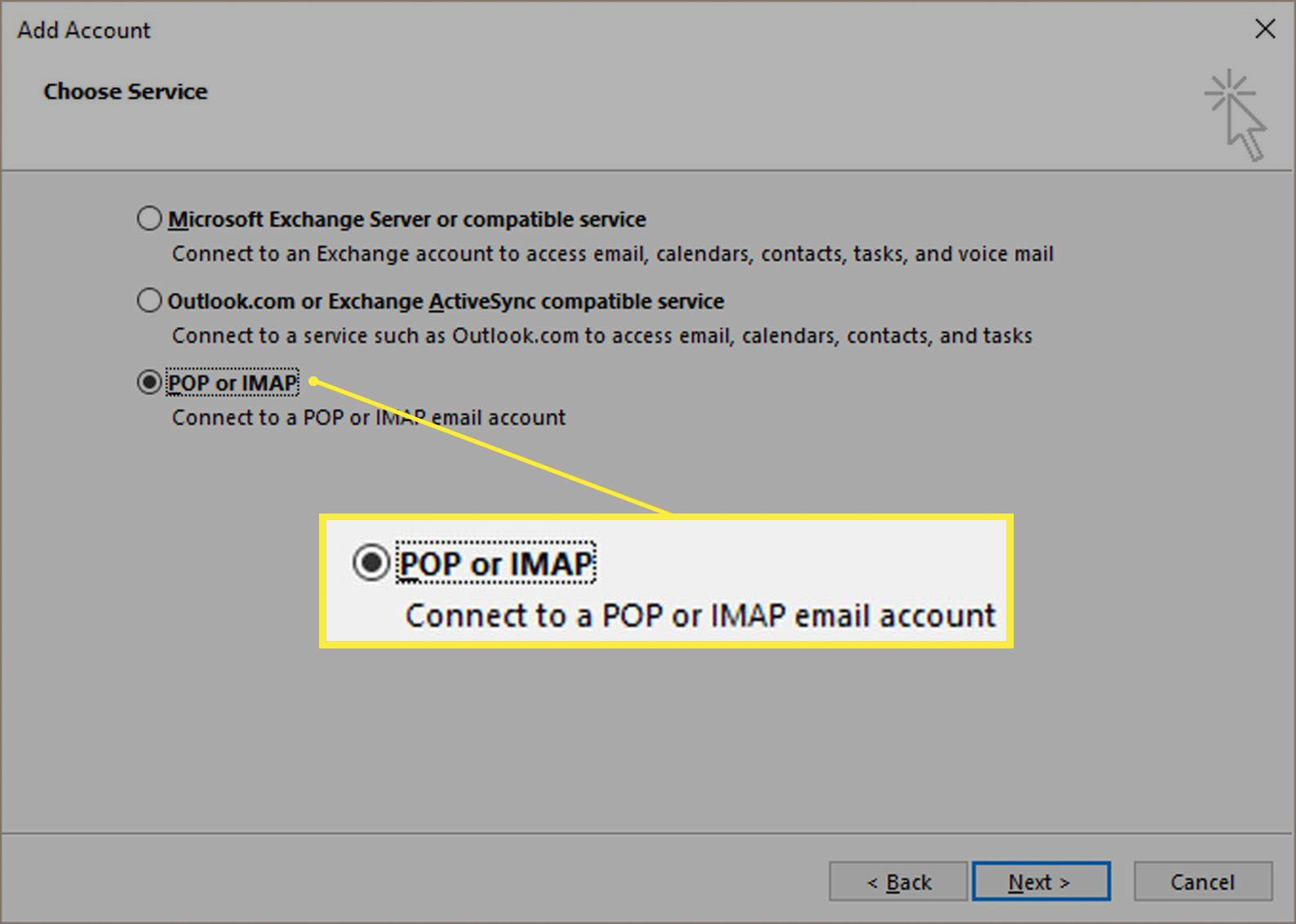 Možnost POP nebo IMAP v dialogu Přidat účet.