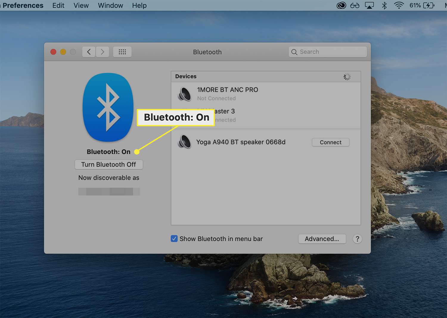 Bluetooth nastaveno na zapnuto v dialogovém okně Předvolby Bluetooth macOS