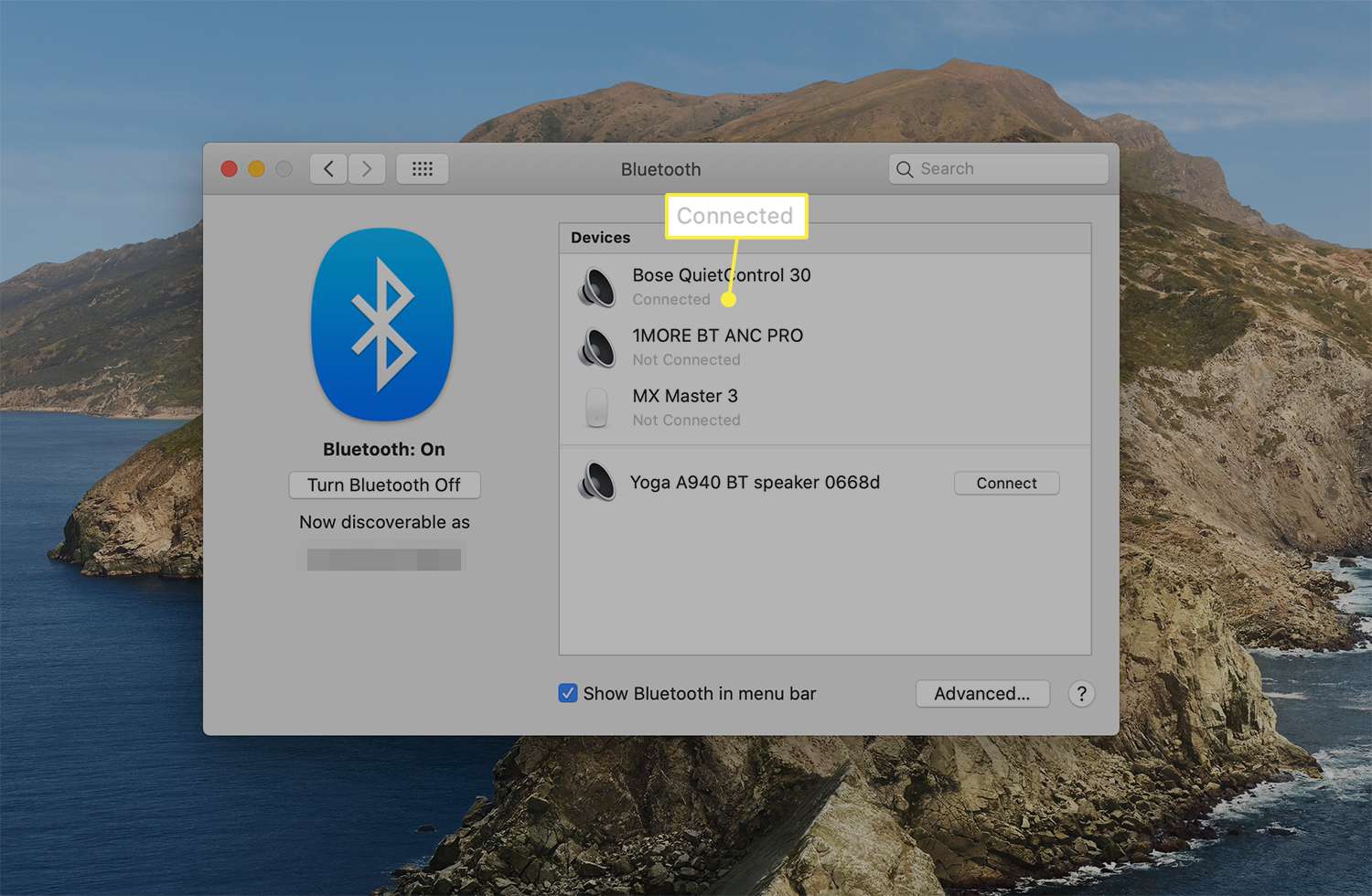 Připojená zpráva uvedená níže pod připojeným zařízením Bluetooth z předvoleb Bluetooth macOS