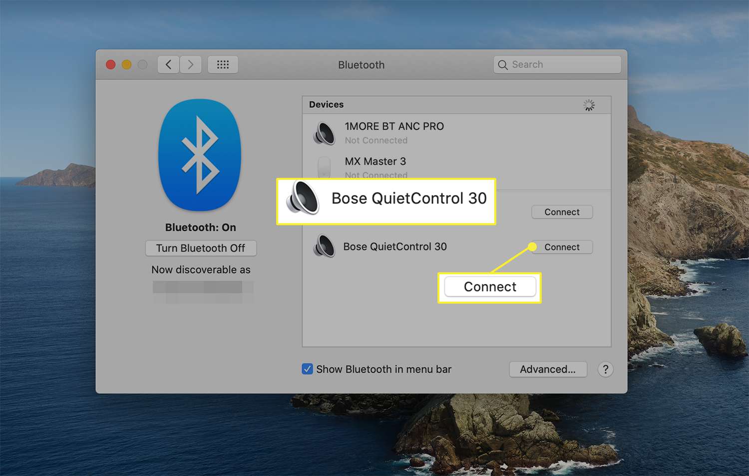 Možnost Připojit vedle dostupného bezdrátového zařízení v předvolbách Bluetooth macOS