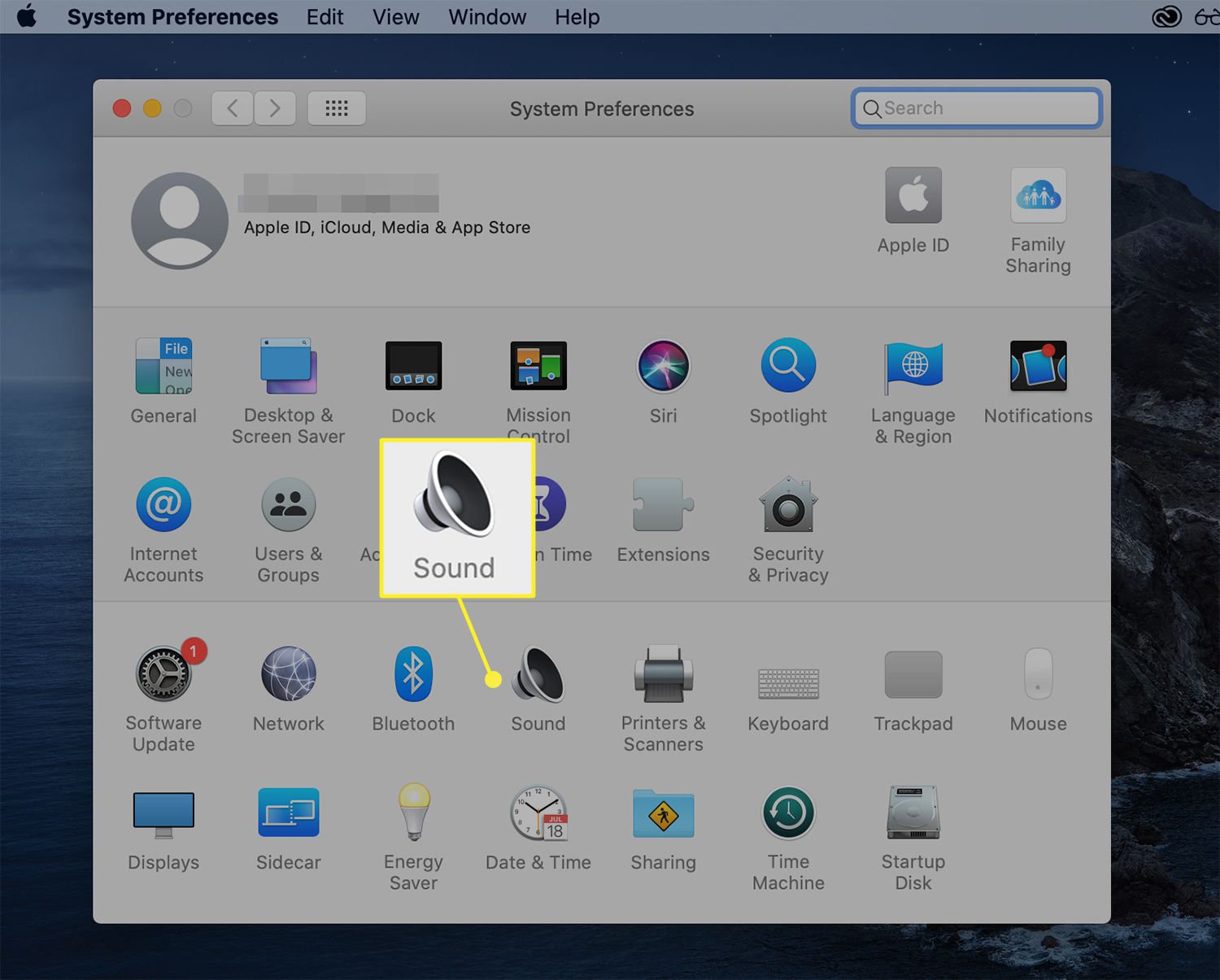 Ikona zvuku zvýrazněná v předvolbách systému macOS