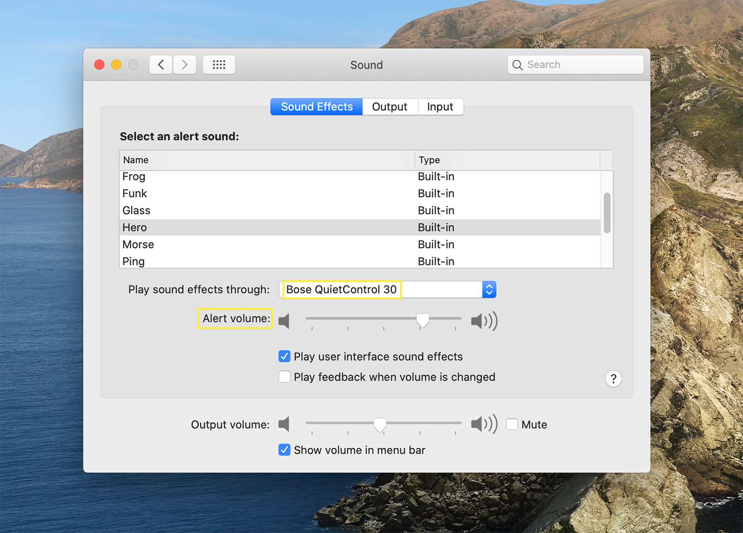 Možnosti zvukových efektů z nastavení zvuku v systému macOS