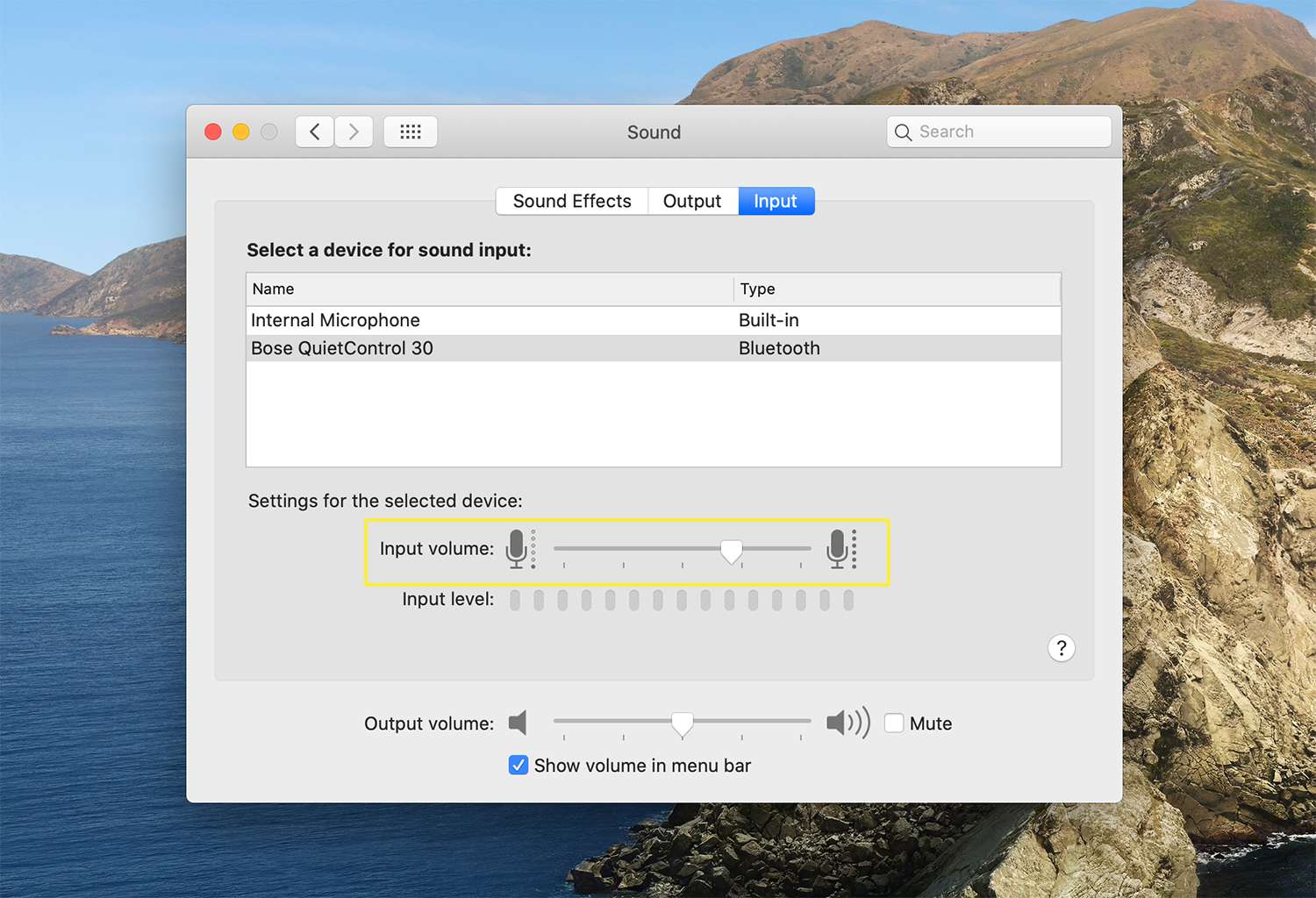 Nastavení hlasitosti vstupu pro zvuková zařízení v systému macOS