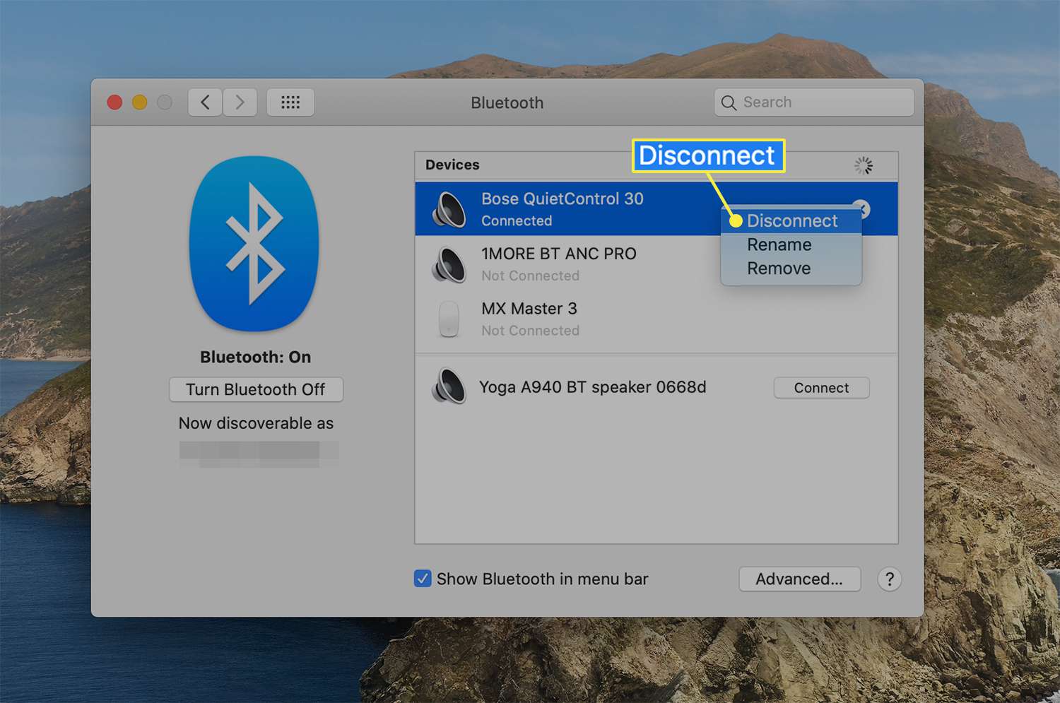 Možnost odpojení od připojeného zařízení Bluetooth v systému macOS