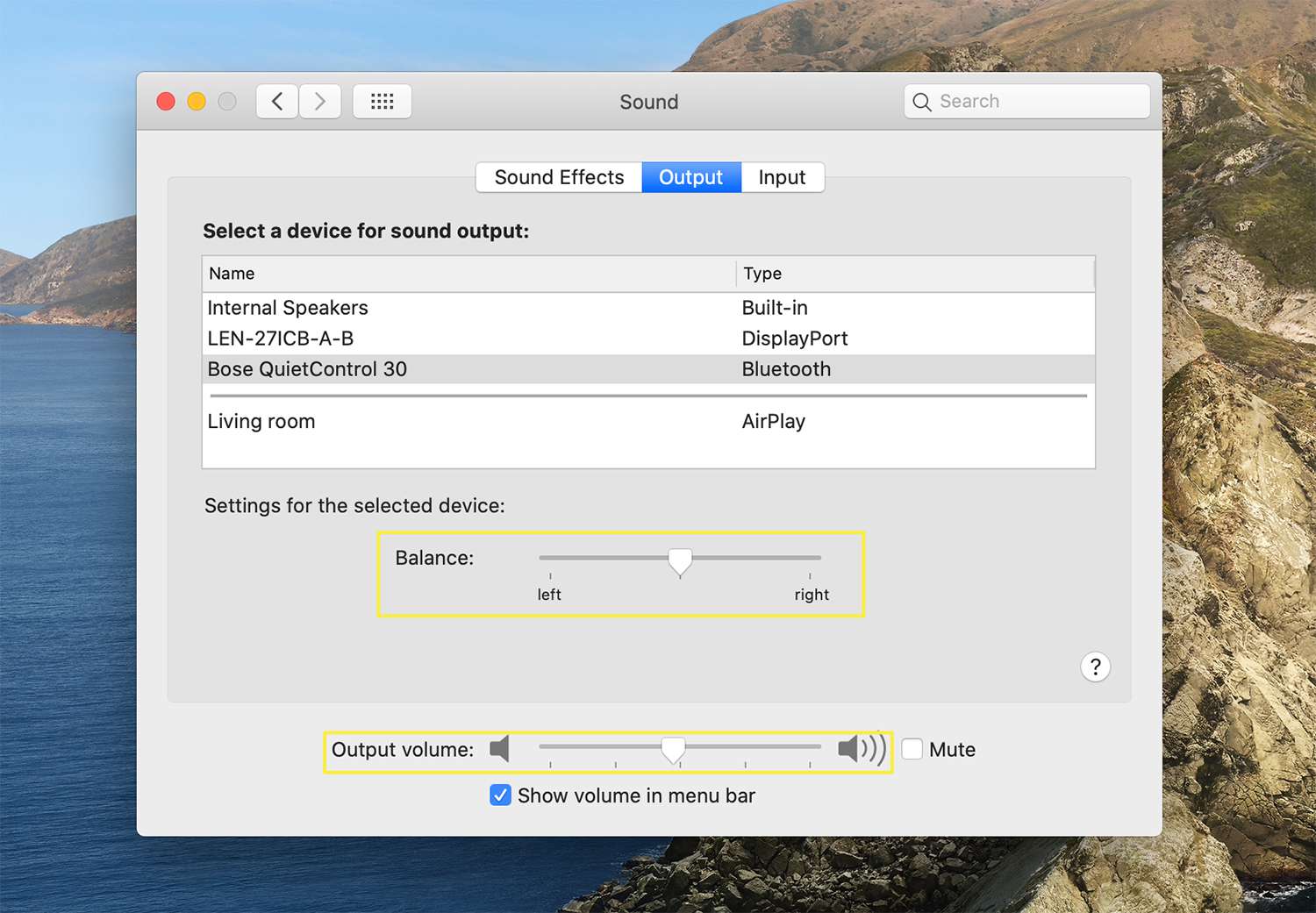 Možnosti výstupu pro připojená zařízení z nastavení zvuku systému macOS