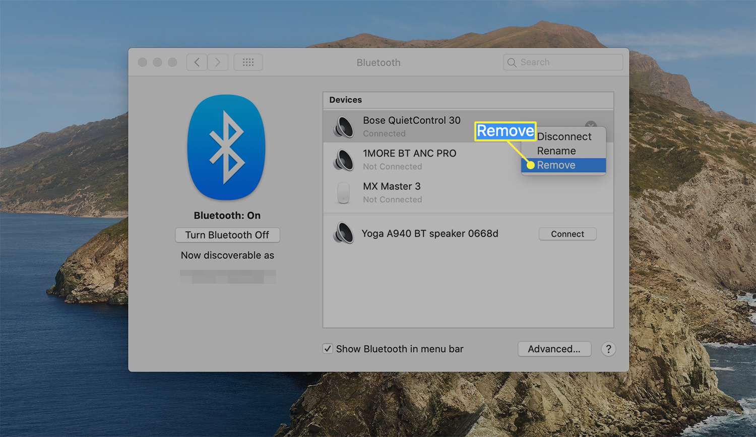 Možnost odebrat zruší spárování zařízení s předvolbami Bluetooth macOS