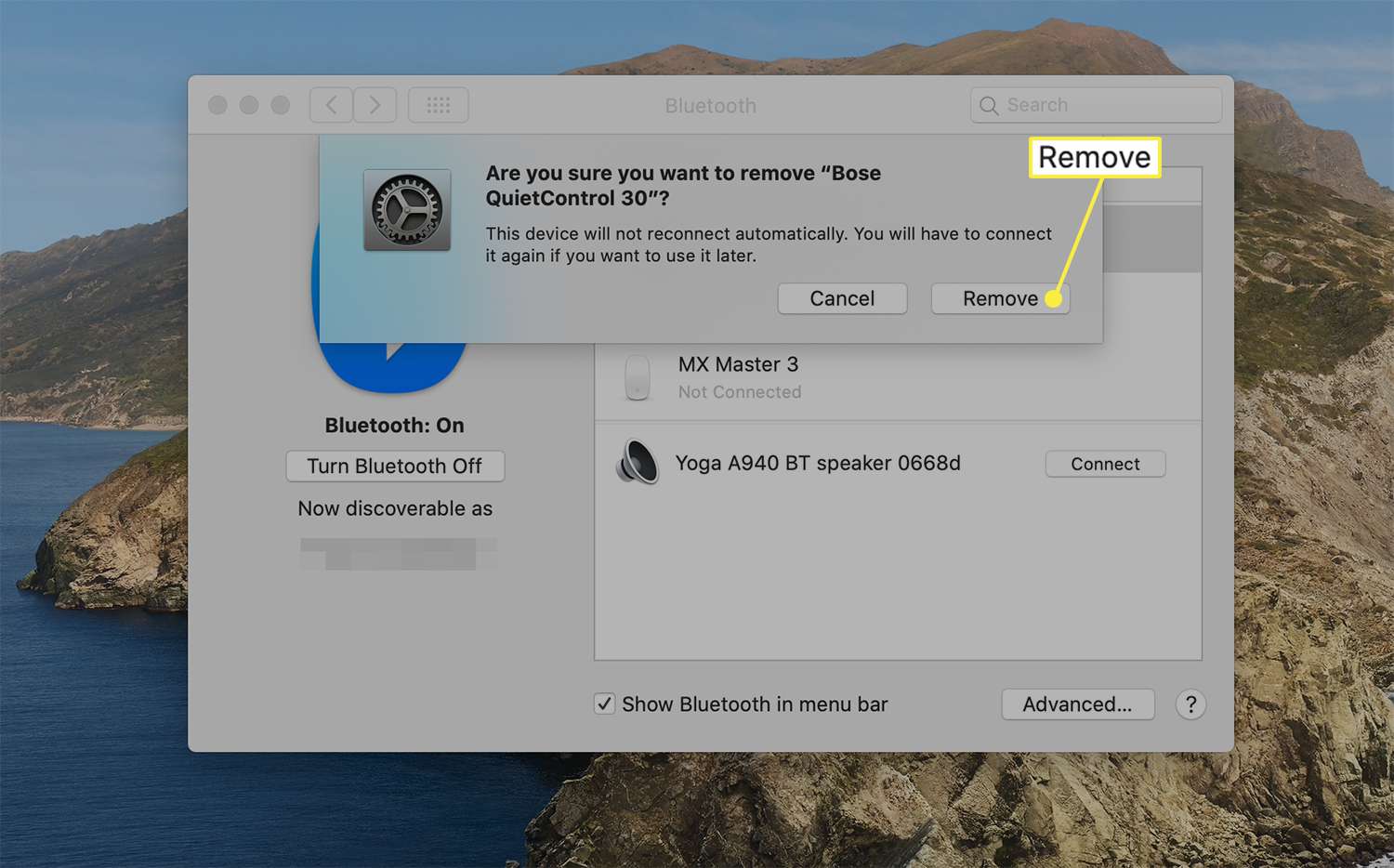 Dialogové okno Odebrat potvrzuje zrušení párování připojeného zařízení Bluetooth v systému macOS