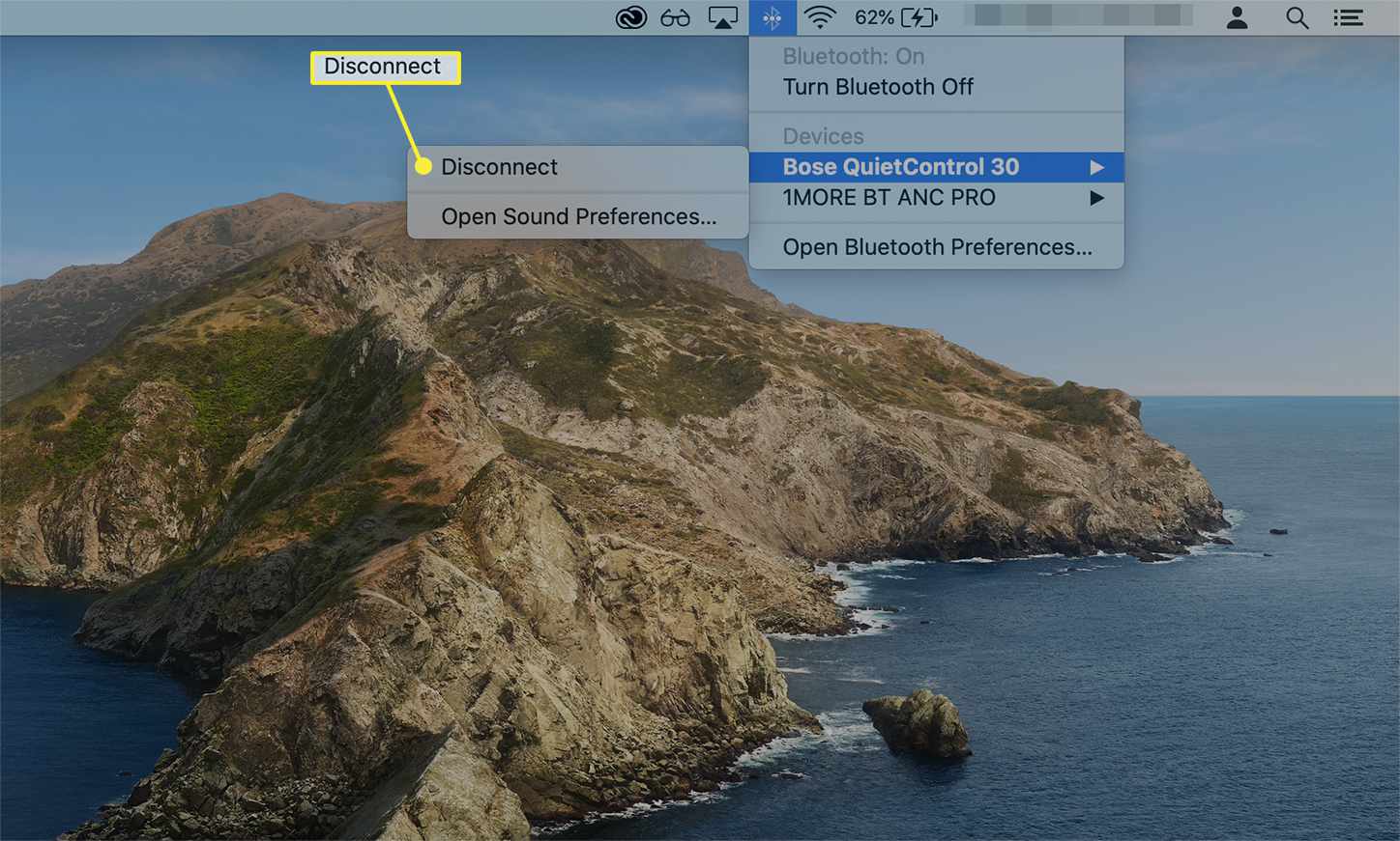 Možnost Odpojit od ikony Bluetooth na panelu nabídek Mac