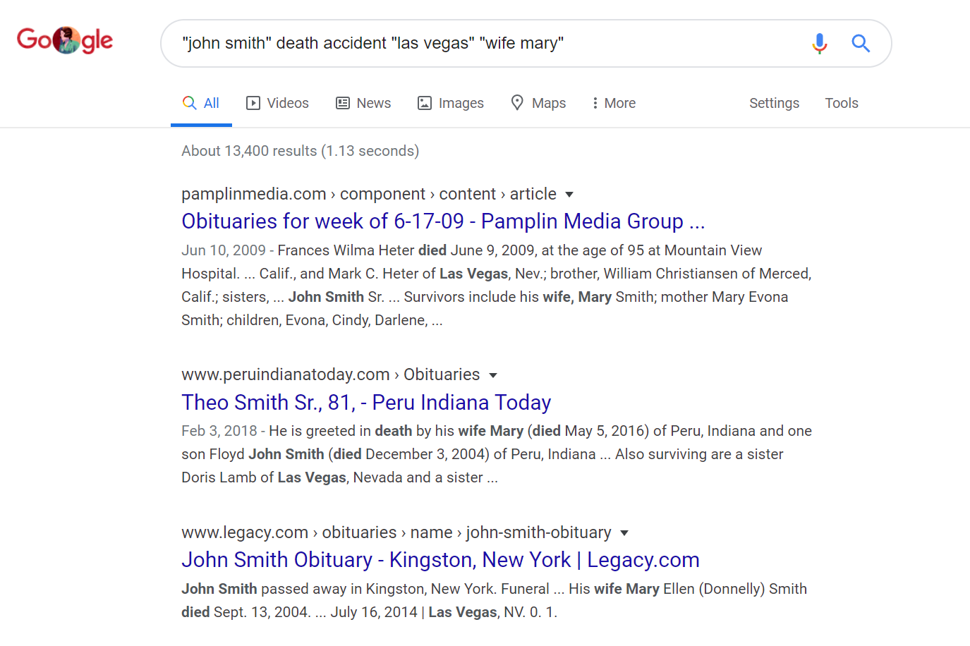 John Smith nekrolog vyhledávání Google