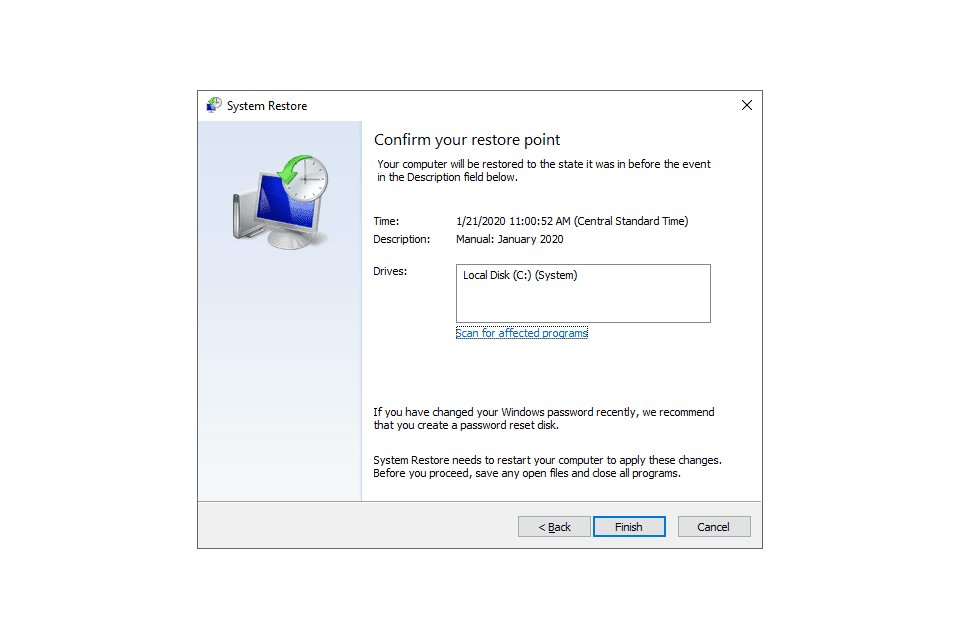 Obrazovka Obnovení systému Windows 10