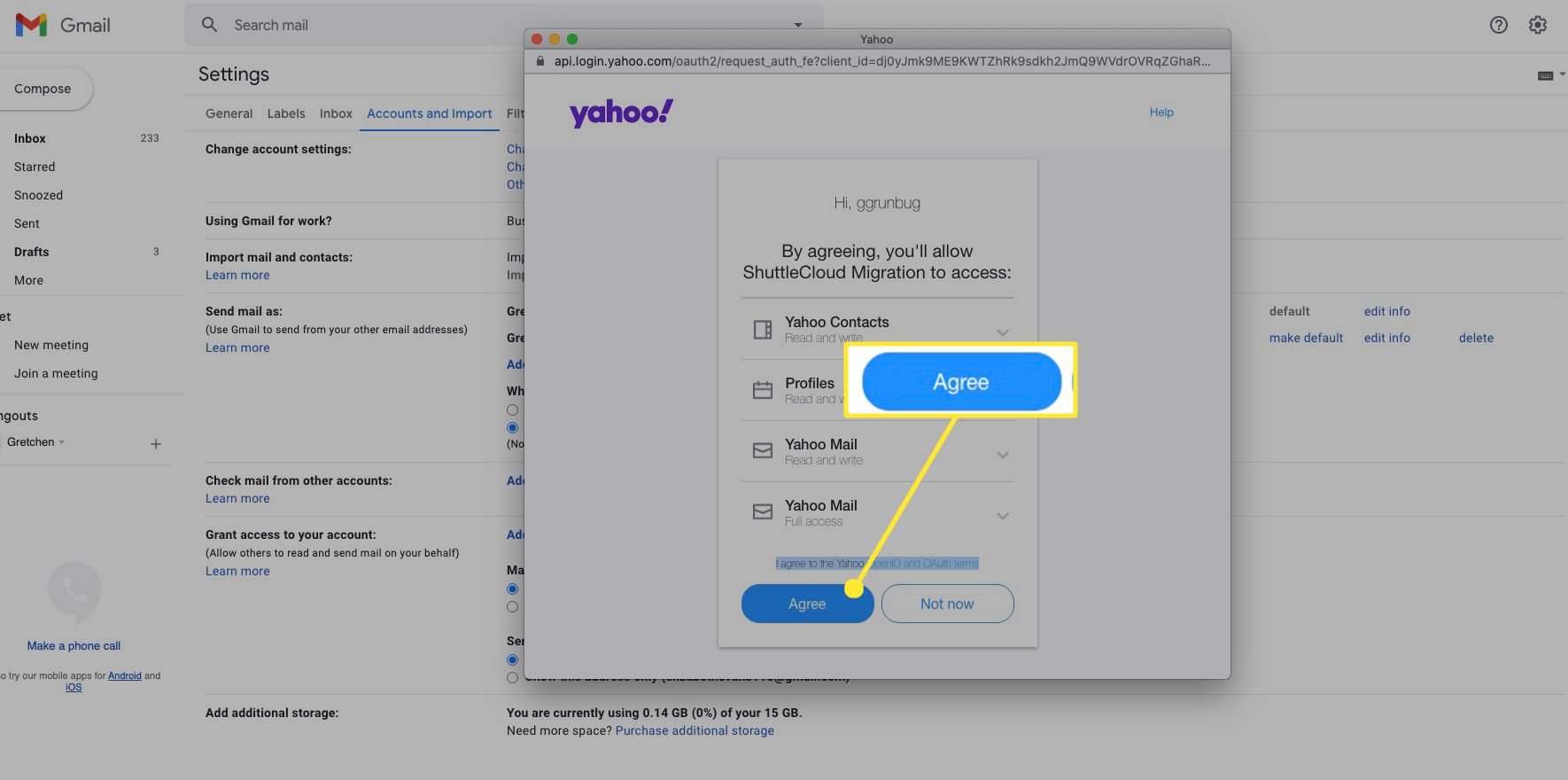 Vyberte Souhlasím a povolte migraci ShuttleCloud přístup k vašim kontaktům, profilům a poště na Yahoo.