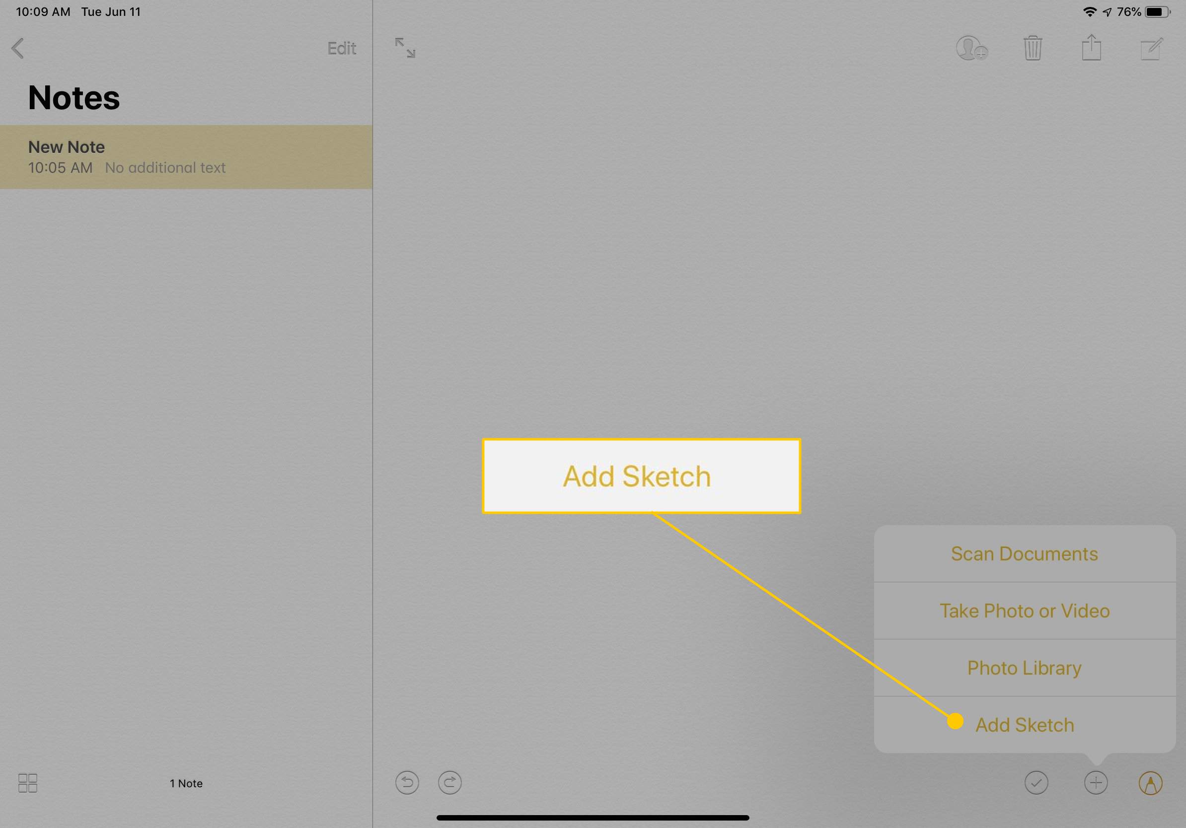 Tlačítko Přidat skicu v poznámkách pro iOS
