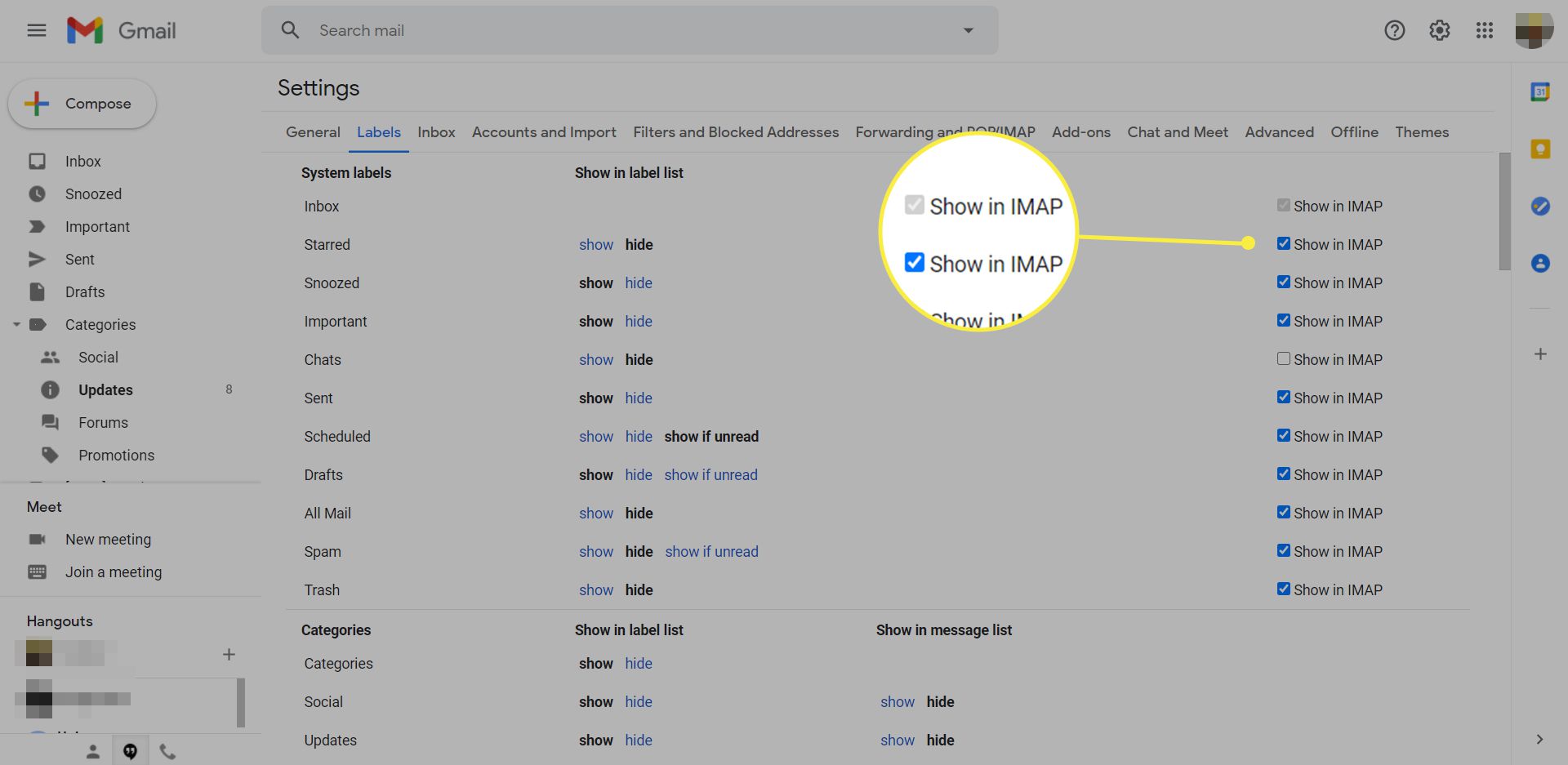 Nastavení štítků Gmailu se zvýrazněným „Zobrazit v IMAP“