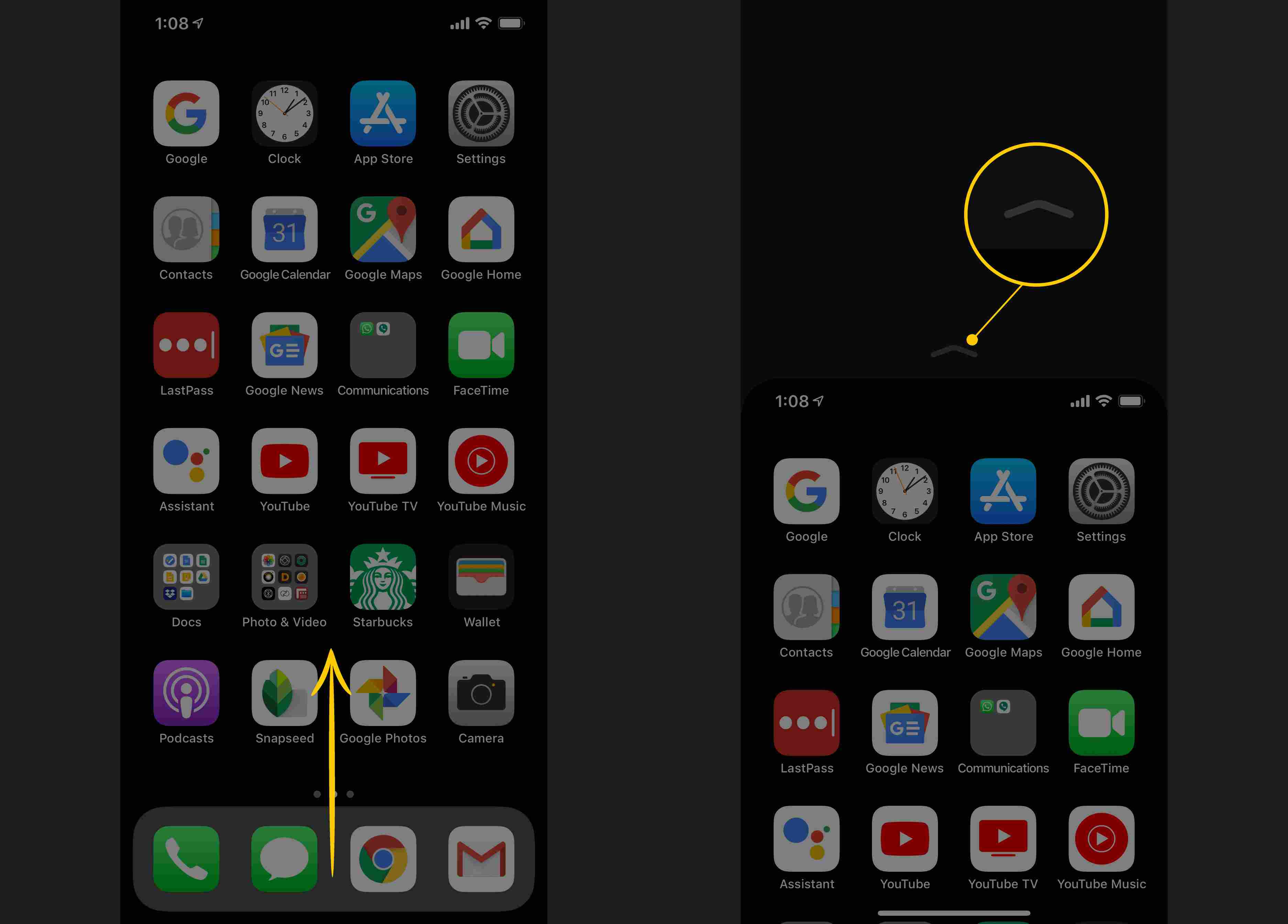 Přejeďte prstem nahoru na Docku, karát v horní části obrazovky na iPhone X