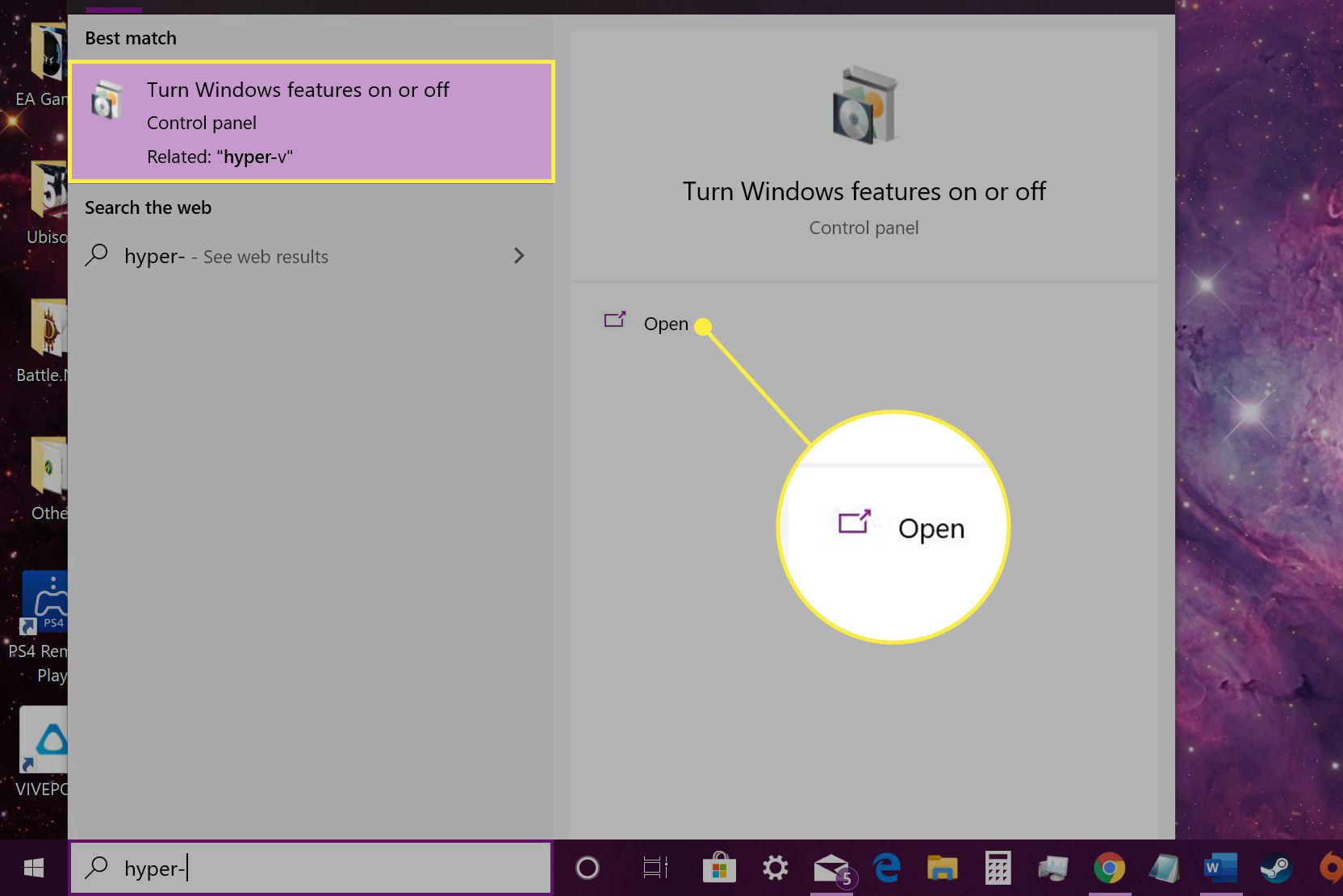 Příkazy „Zapnout nebo vypnout funkce systému Windows“ a Otevřít