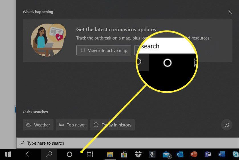 Windows 10 se zvýrazněnou ikonou Cortany
